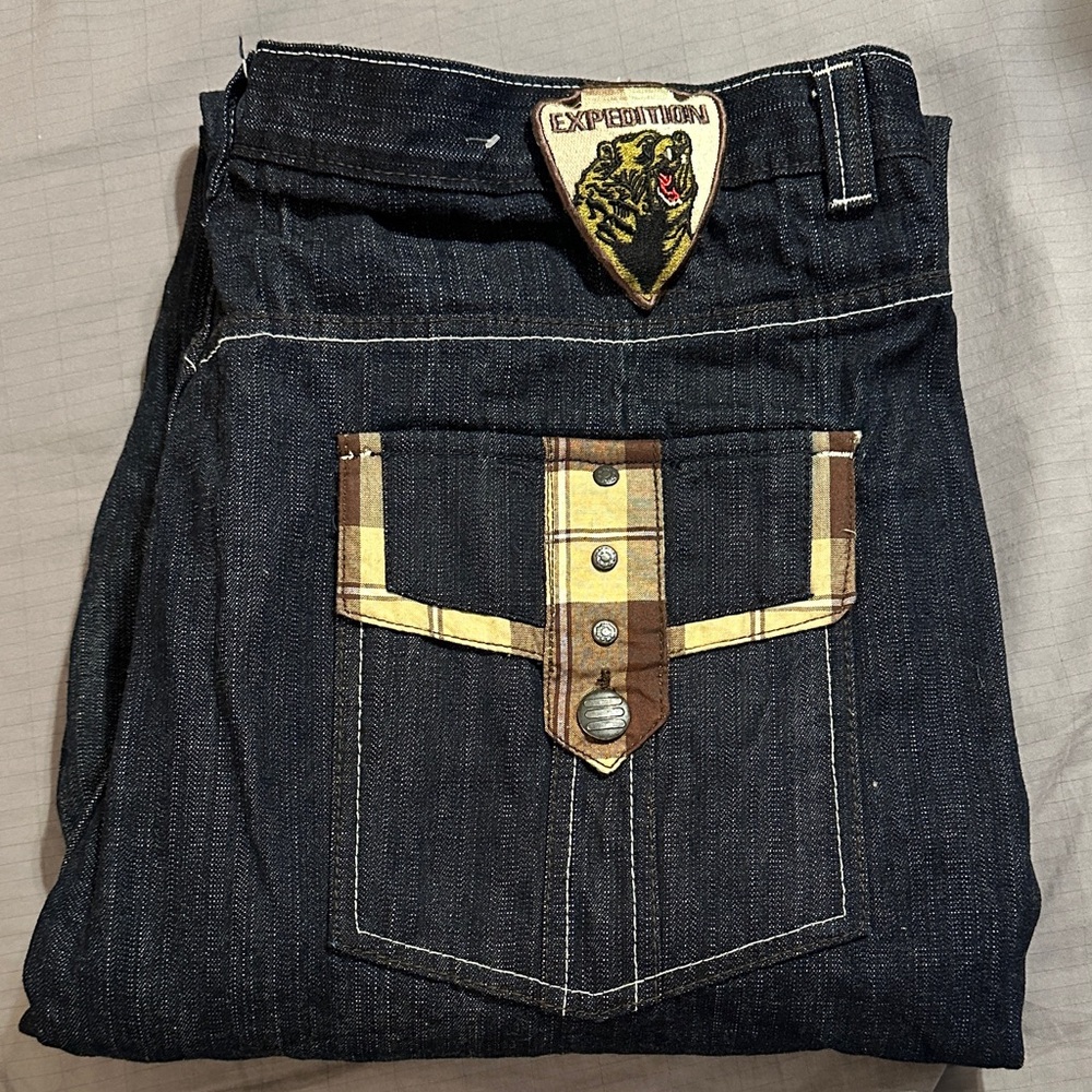 Evolution In Design Dark Blue Jeans with Plaid Accent